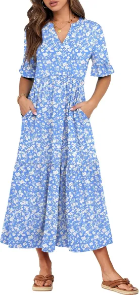 ANRABESS Women's Casual Summer Ruffle Short Sleeve T Shirts Maxi Dress 2025 Spring V Neck Flowy Tiered Boho Beach Dresses