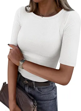 ANRABESS Womens Half Sleeve Crewneck Tops Ribbed Knit Slim Fit Shirts Basic Tee 2025 Spring Summer Dressy Casual T-Shirts