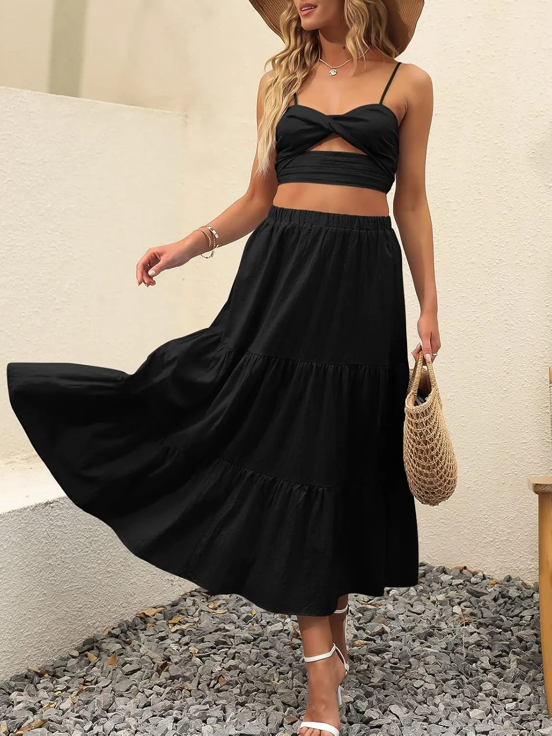 ANRABESS Womens Summer Boho Flowy Swing Tiered A-Line Maxi Skirt 2025 Fashion Trendy Elastic Waist Pleated Long Beach Dress