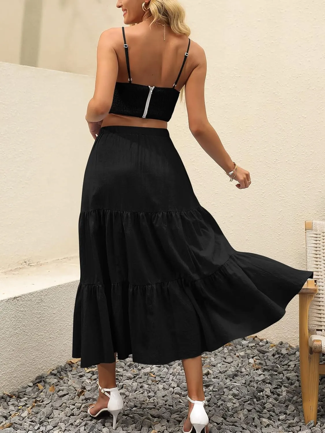 ANRABESS Womens Summer Boho Flowy Swing Tiered A-Line Maxi Skirt 2025 Fashion Trendy Elastic Waist Pleated Long Beach Dress