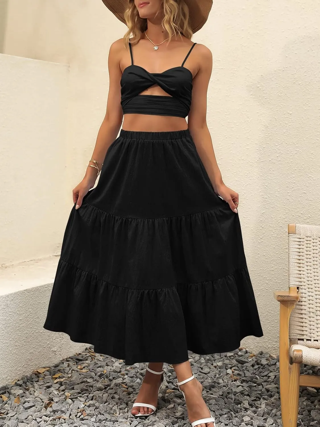ANRABESS Womens Summer Boho Flowy Swing Tiered A-Line Maxi Skirt 2025 Fashion Trendy Elastic Waist Pleated Long Beach Dress
