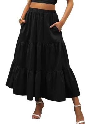 ANRABESS Womens Summer Boho Flowy Swing Tiered A-Line Maxi Skirt 2025 Fashion Trendy Elastic Waist Pleated Long Beach Dress