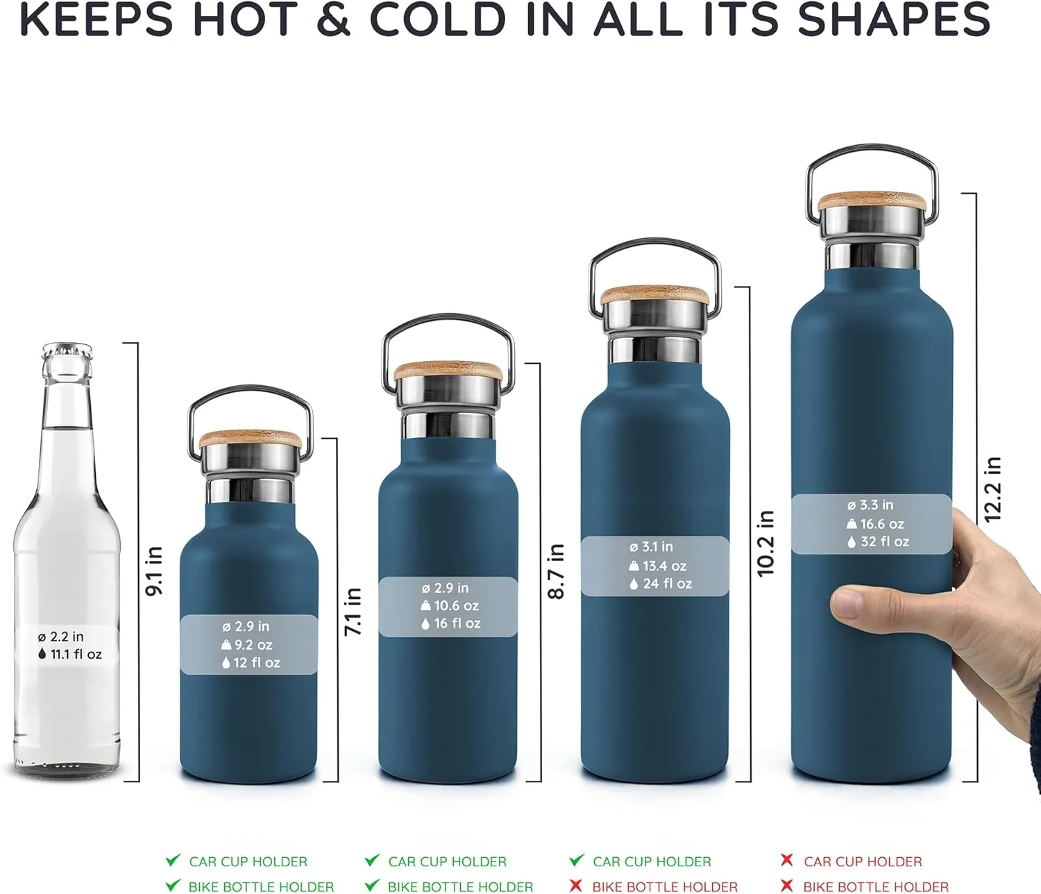 Bambaw 12 oz Stainless Steel Water Bottle, Aegean Blue, 350 ml, Double Wall Insulated, Leakproof, Dishwasher Safe, BPA Free