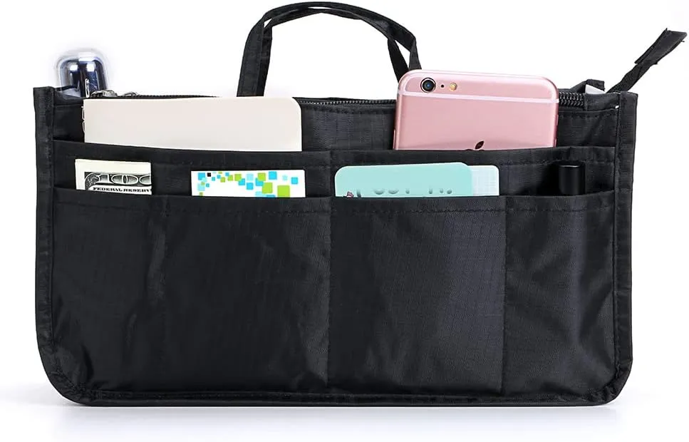 BTSKY Printing Handbag Organizers Inside Purse Insert - High Capacity 13 Pockets Bag Tote Organizer with Handle (Black)