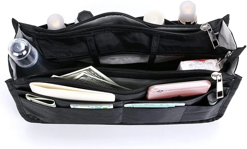 BTSKY Printing Handbag Organizers Inside Purse Insert - High Capacity 13 Pockets Bag Tote Organizer with Handle (Black)