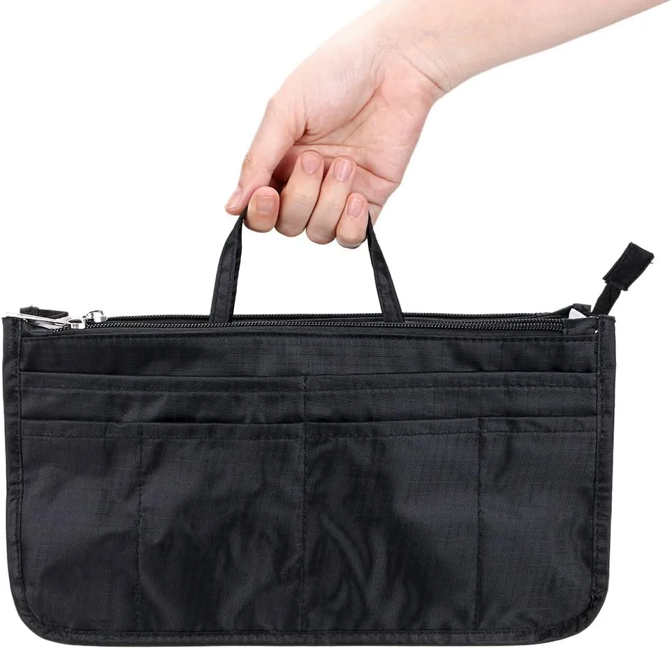 BTSKY Printing Handbag Organizers Inside Purse Insert - High Capacity 13 Pockets Bag Tote Organizer with Handle (Black)