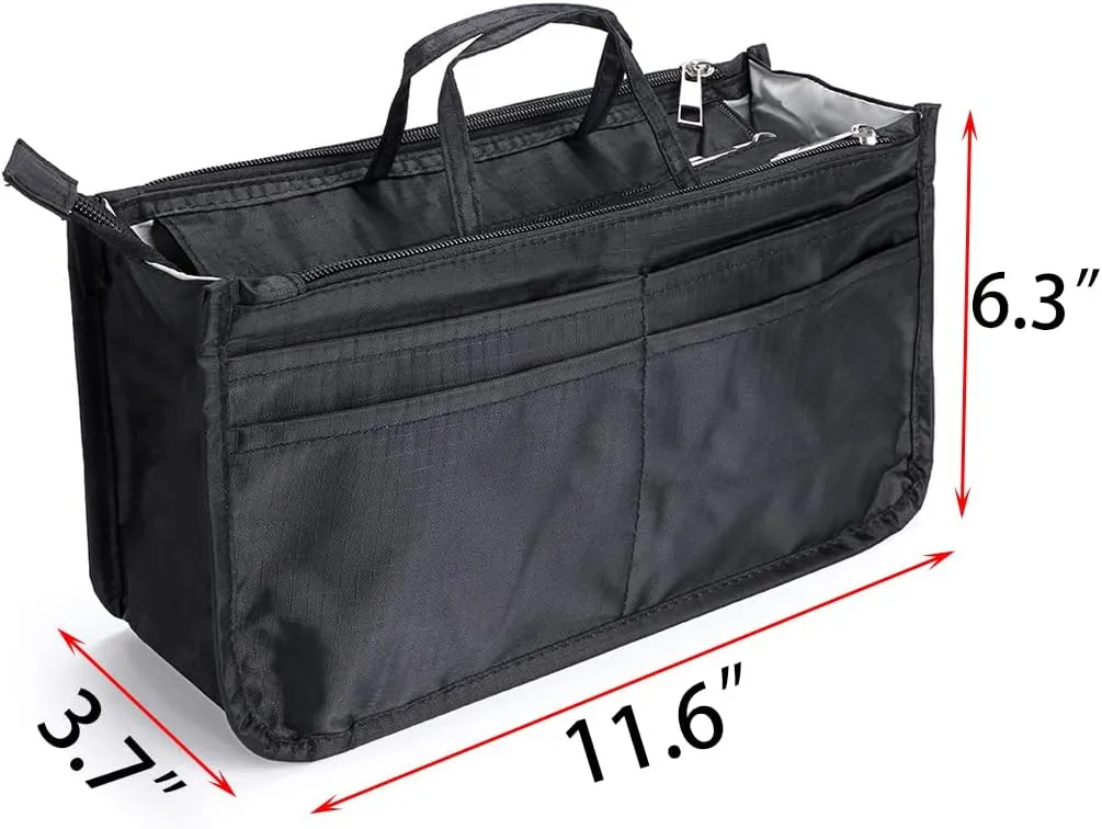 BTSKY Printing Handbag Organizers Inside Purse Insert - High Capacity 13 Pockets Bag Tote Organizer with Handle (Black)