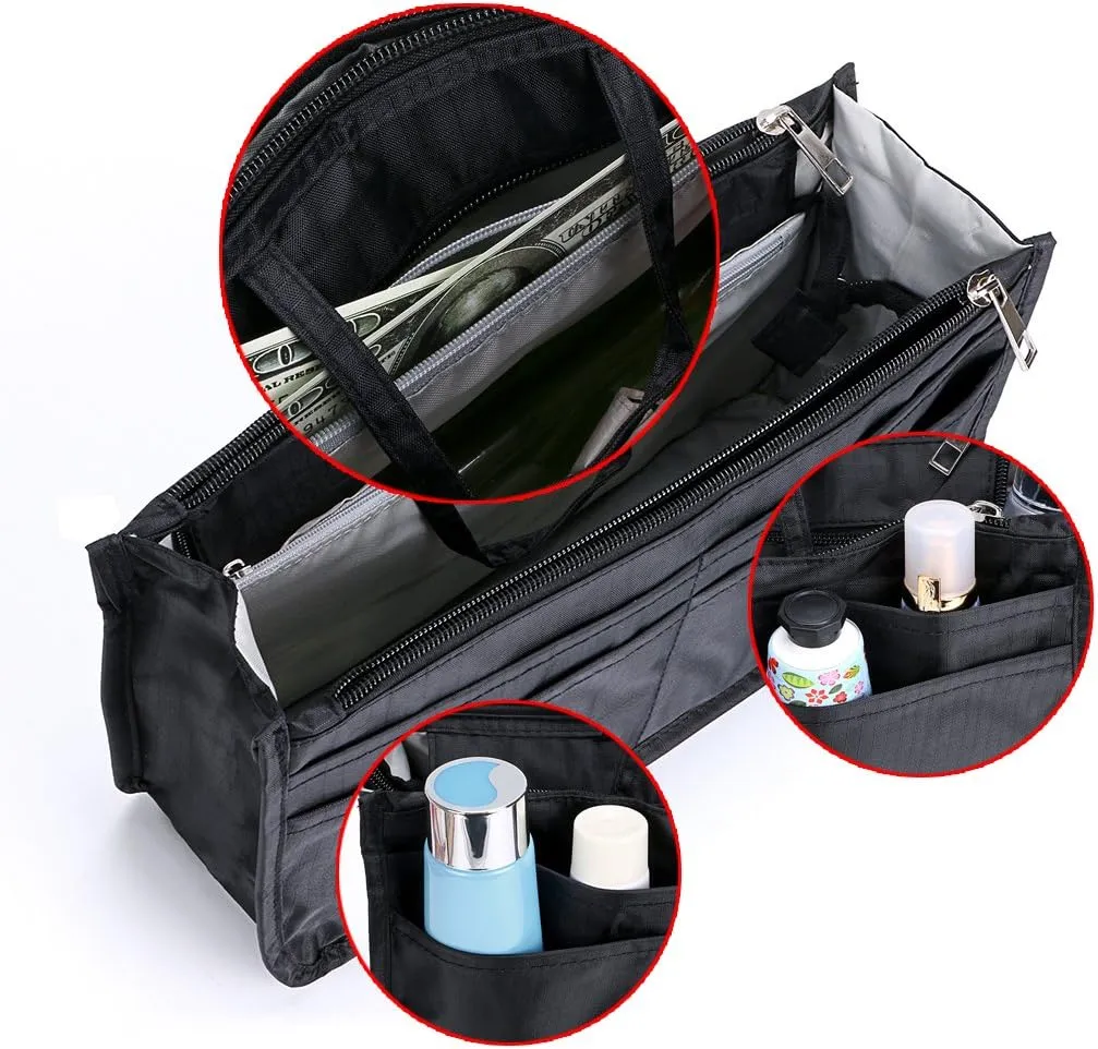 BTSKY Printing Handbag Organizers Inside Purse Insert - High Capacity 13 Pockets Bag Tote Organizer with Handle (Black)