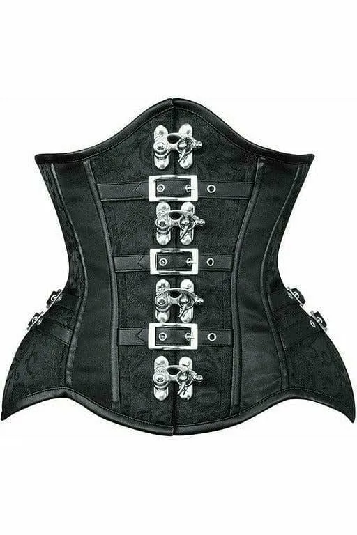 Deluxe Black Brocade Steel Boned Underbust Corset with Buckles