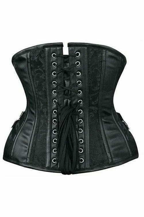 Deluxe Black Brocade Steel Boned Underbust Corset with Buckles