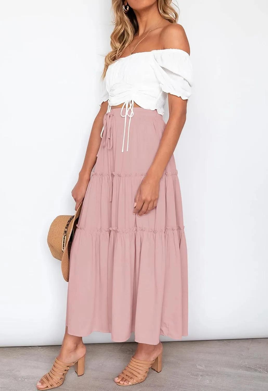 HAEOF Womens Summer Flowy Boho Midi Maxi Skirt Elastic High Waist A Line Pleated Tiered Trendy Beach Long Skirts with Pockets