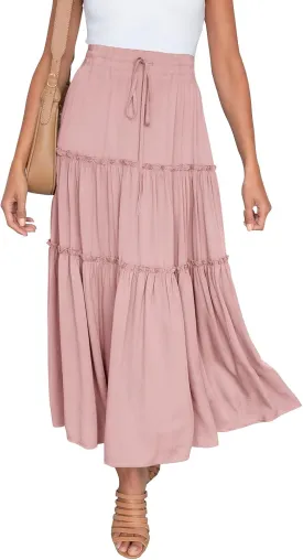 HAEOF Womens Summer Flowy Boho Midi Maxi Skirt Elastic High Waist A Line Pleated Tiered Trendy Beach Long Skirts with Pockets