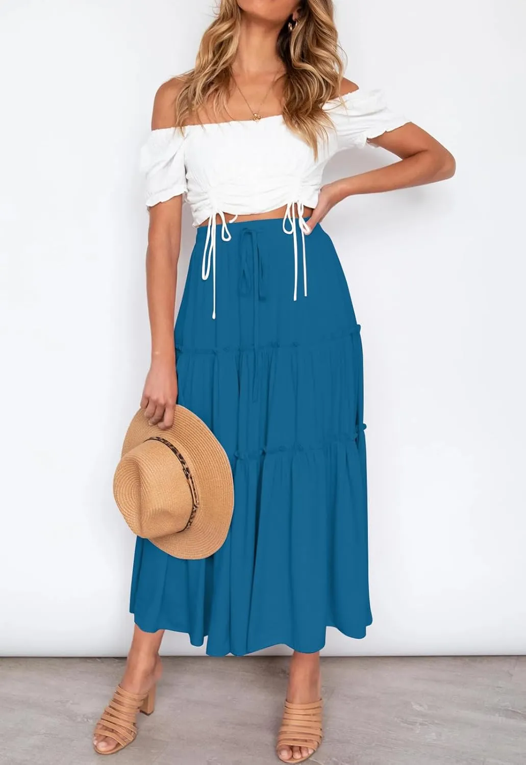 HAEOF Womens Summer Flowy Boho Midi Maxi Skirt Elastic High Waist A Line Pleated Tiered Trendy Beach Long Skirts with Pockets