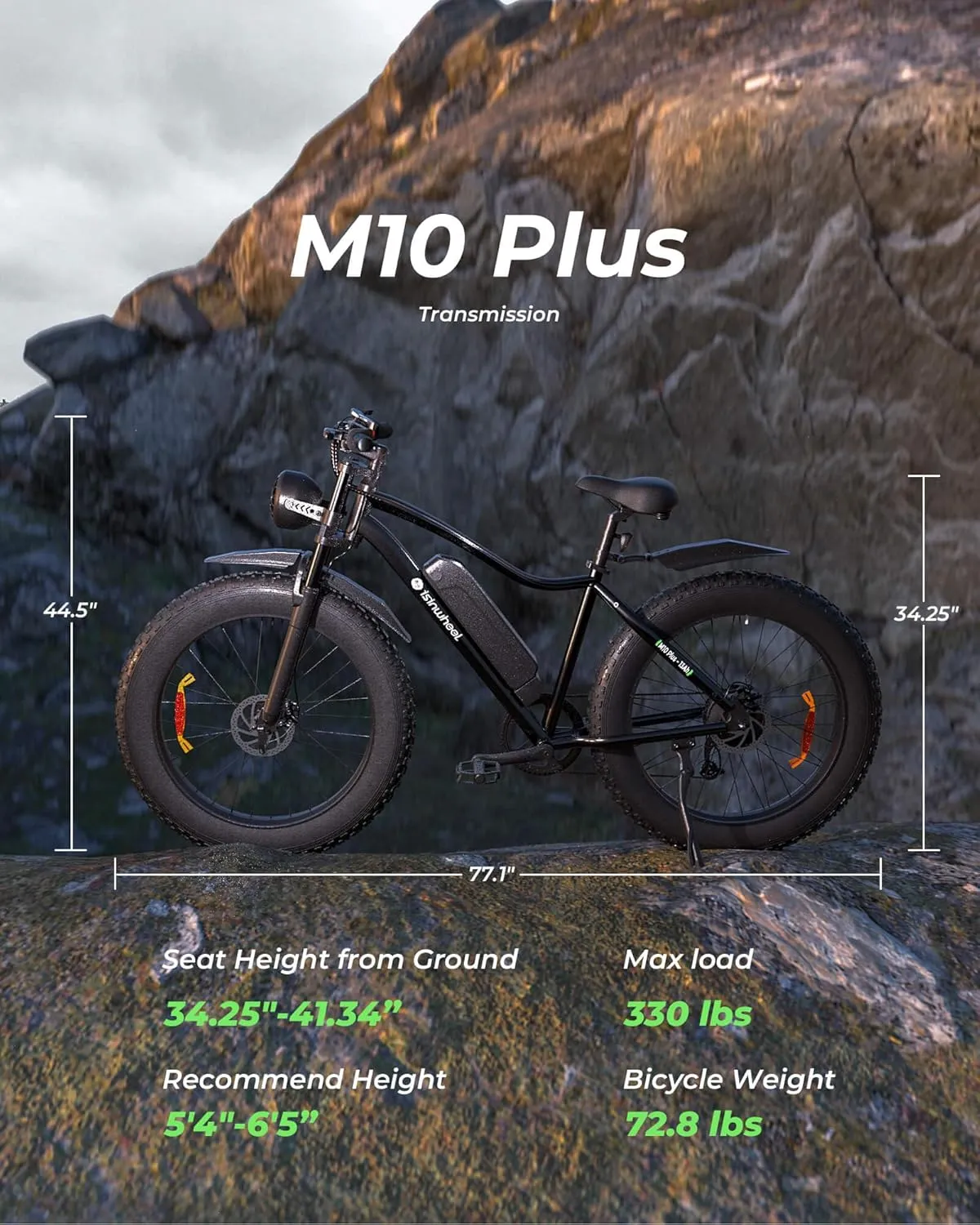 isinwheel M10 Plus Electric Bike for Adults 28mph 1000W Peak Motor, Dual Crown Fork Mountain Ebike 48V 13Ah Removable Battery 75 Miles Range, 7 Speed Shift, 26 x 4.0 Fat Tire Adults Electric Bicycles