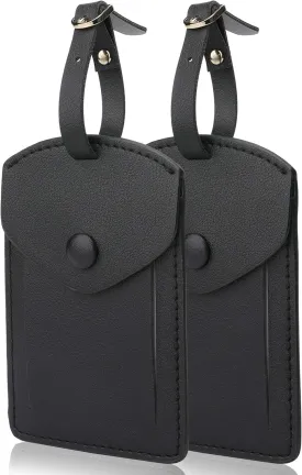 Kevancho Leather Smart Luggage Tags for Men Women, Suitcase Labels Baggage Tote Bag Tag ID Tags with Full Back Privacy Cover for Carnival Cruise Ship, Travel Accessories Tags Set of 2 PCS (Black)