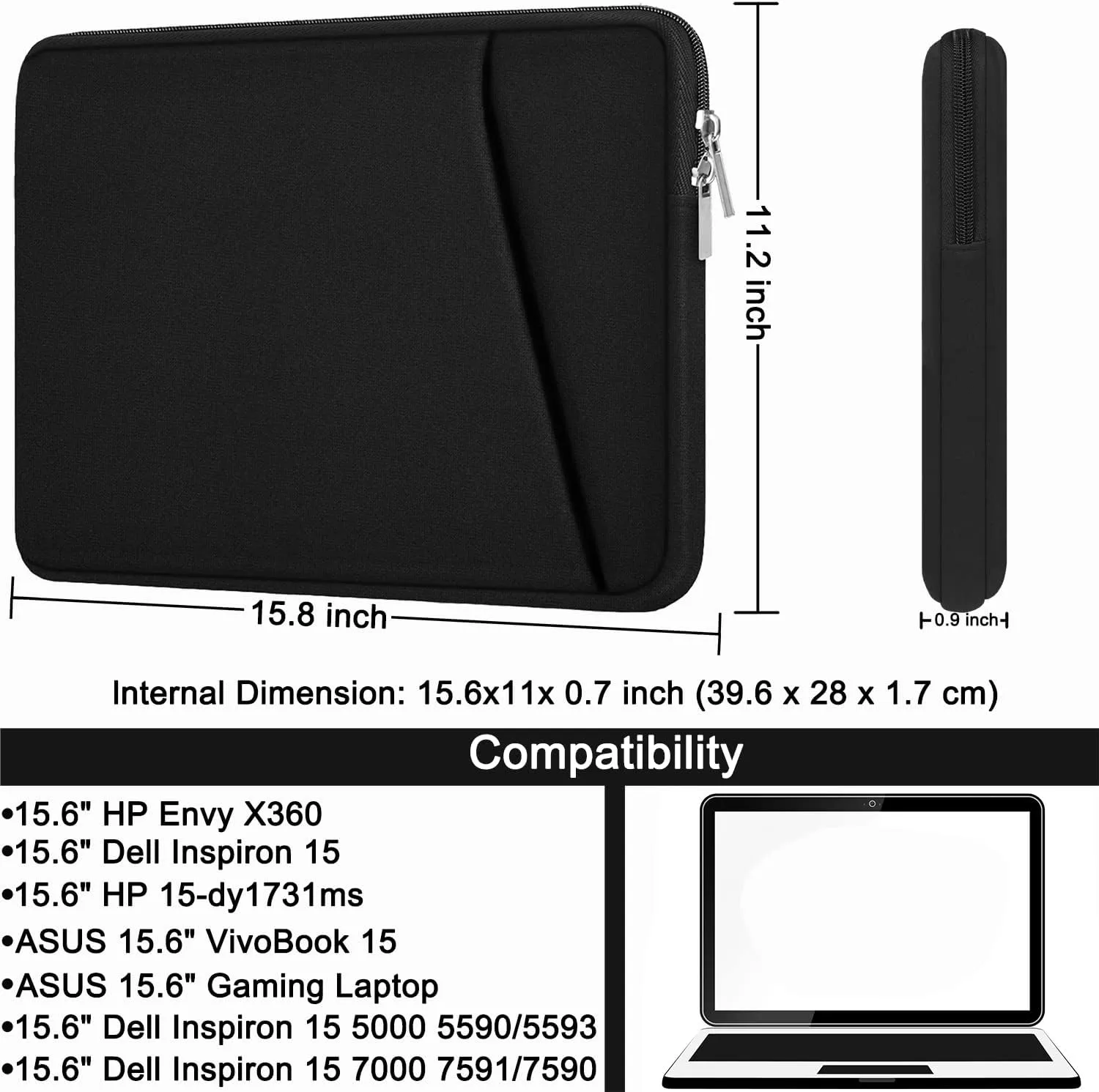 Laptop Sleeve, Durable Briefcase Shockproof Protective Case, Handbags Portable Laptop Bag for 15.6 inch HP Dell Asus Lenovo Notebook Computer with Front Pocket, Black