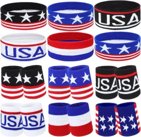 Liliful 6 Sets Patriotic American Flag Sports Headband and Wristband Set 4th of July Head Wraps Striped Sweatband Memorial Day USA Sports Accessories for Basketball Football Running Gym Exercise