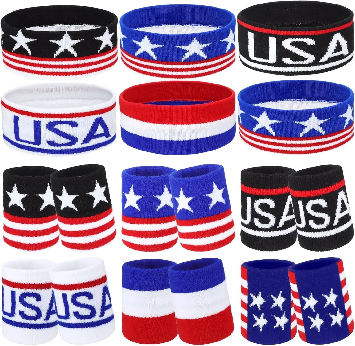 Liliful 6 Sets Patriotic American Flag Sports Headband and Wristband Set 4th of July Head Wraps Striped Sweatband Memorial Day USA Sports Accessories for Basketball Football Running Gym Exercise