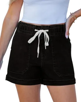 luvamia Jean Shorts for Women High Waisted Pull On Drawstring Elastic Waist Trendy Stretchy Denim Jorts Summer Shorts