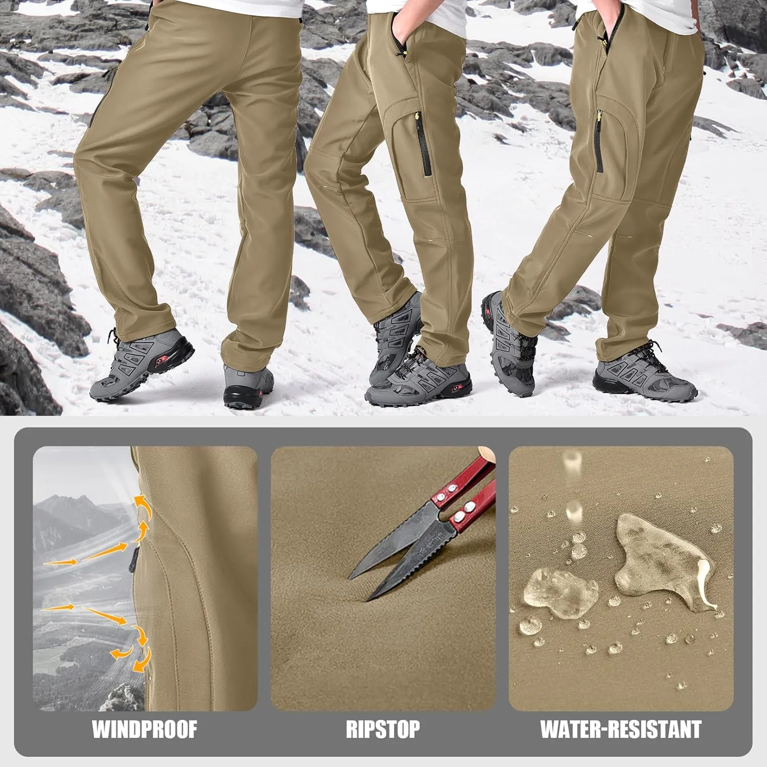 Mens Hiking Waterproof Pants Snow Ski Insulated Fleece Lined Winter Fishing Walking Outdoor Pants