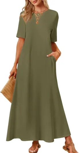 MEROKEETY Women's 2025 Summer Casual Maxi Dress Beach Vacation Short Sleeve Crewneck Basic Long T Shirt Dresses