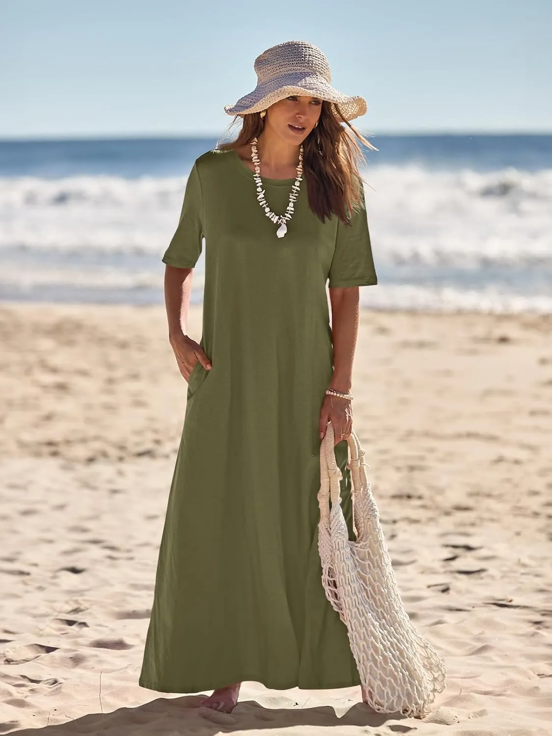MEROKEETY Women's 2025 Summer Casual Maxi Dress Beach Vacation Short Sleeve Crewneck Basic Long T Shirt Dresses