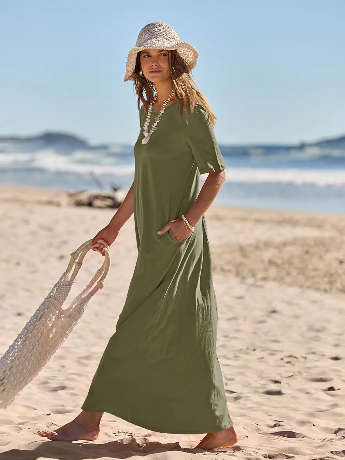 MEROKEETY Women's 2025 Summer Casual Maxi Dress Beach Vacation Short Sleeve Crewneck Basic Long T Shirt Dresses