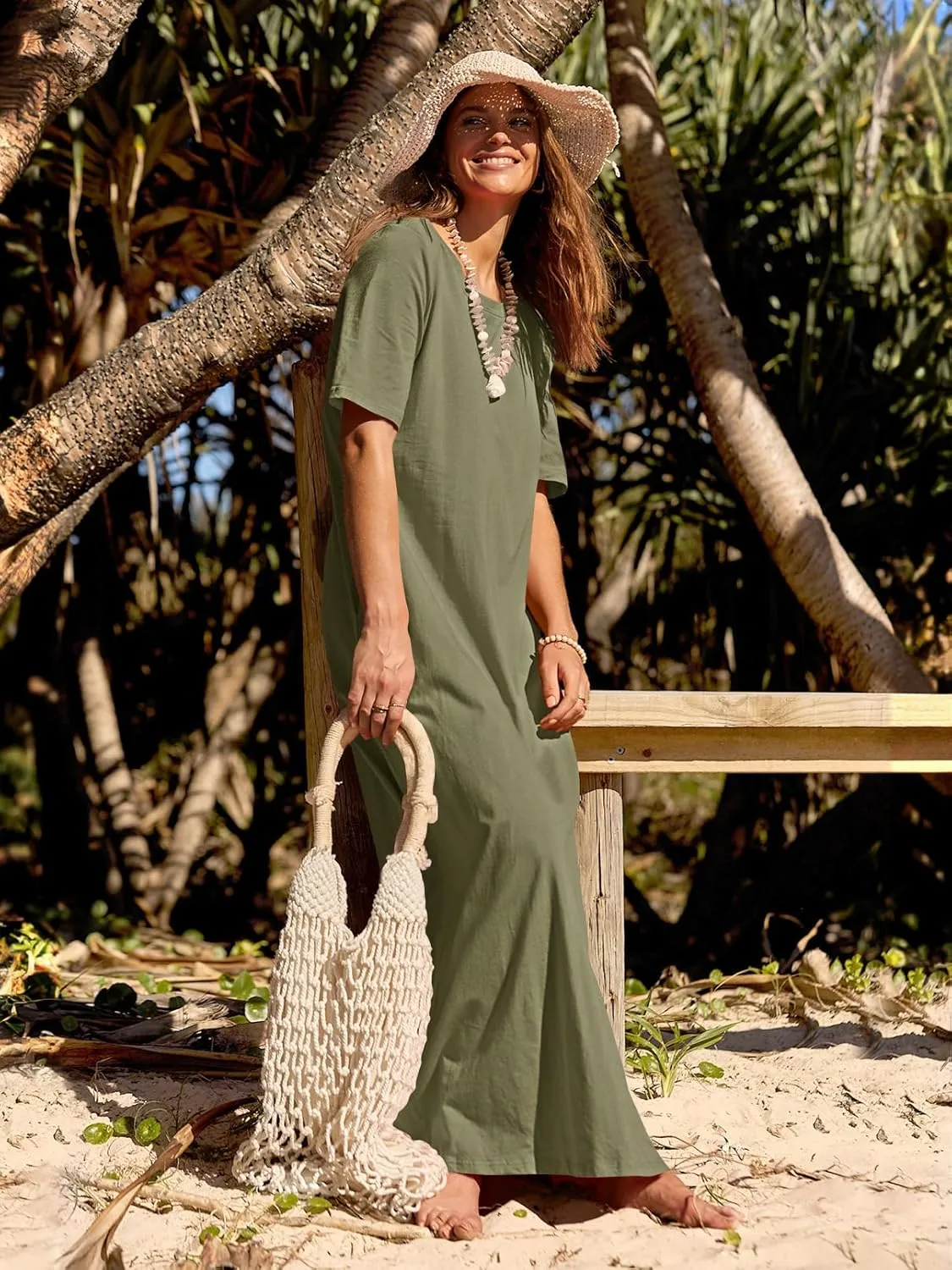 MEROKEETY Women's 2025 Summer Casual Maxi Dress Beach Vacation Short Sleeve Crewneck Basic Long T Shirt Dresses