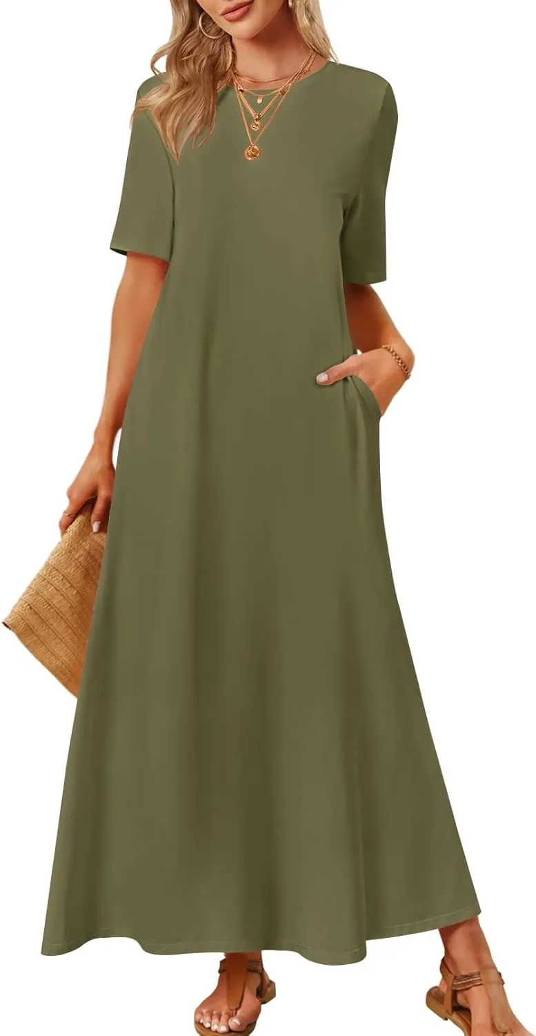 MEROKEETY Women's 2025 Summer Casual Maxi Dress Beach Vacation Short Sleeve Crewneck Basic Long T Shirt Dresses