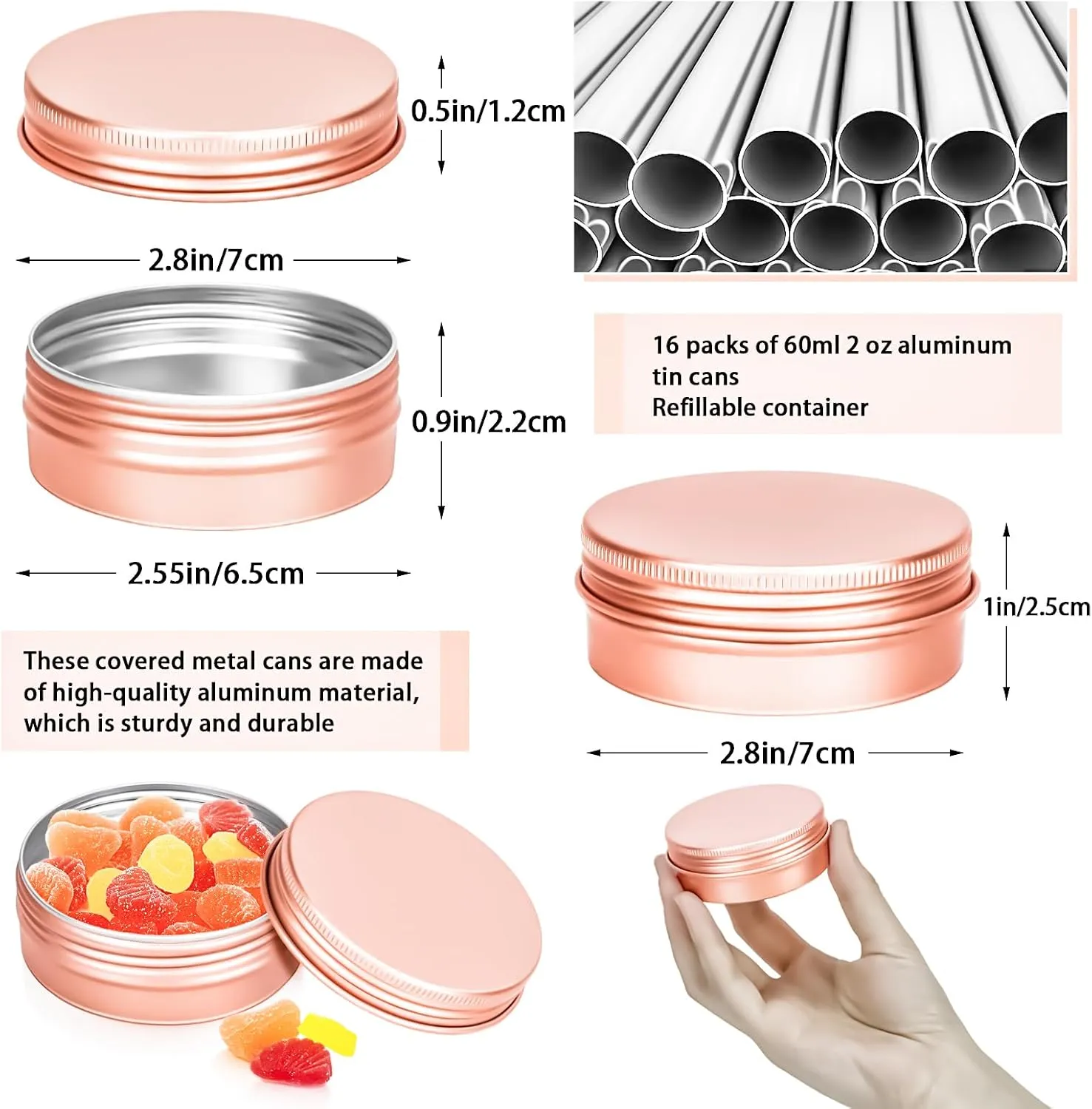 MotBach 16 Pack 2oz Tin Jars, 60ml Metal Tin cans, 2Ounce Aluminum tin can jar Containers with Screw Lid for Lotion Bars, Toiletries, Creams, Samples, Makeup Cosmetic, Spices, Salve, Balms, Beard Balm