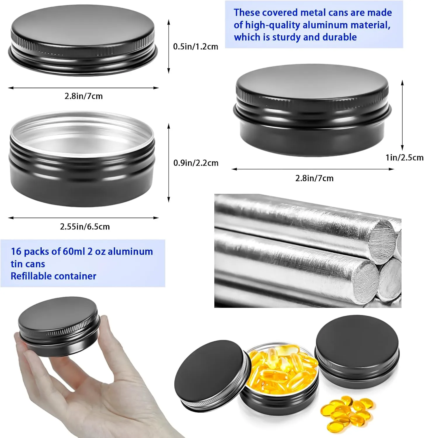 MotBach 16Pack 2oz Tin Jars, 60ml Metal Tin cans, 2Ounce Aluminum tin can jar Containers with Screw Lid for Lotion Bars, Balms, Spices, Salve, Beard Balm, Toiletries, Creams, Samples, Makeup Cosmetic