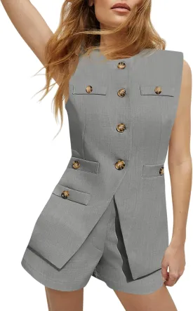 Tankaneo Womens 2 Piece Outfits Casual Suit Sets Sleeveless Button Down Blazer Vest Shorts Office Business Matching Set