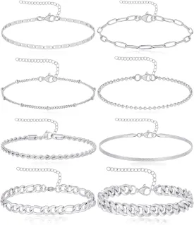 Tornito 8Pcs Ankle Bracelets for Women Stainless Steel Waterproof Layered Cuban Figaro Link Chain Rope Paperclip Herringbone Satellite Bead Anklets Set Summer Beach Jewelry Gold Silver Tone 8.5 Inch