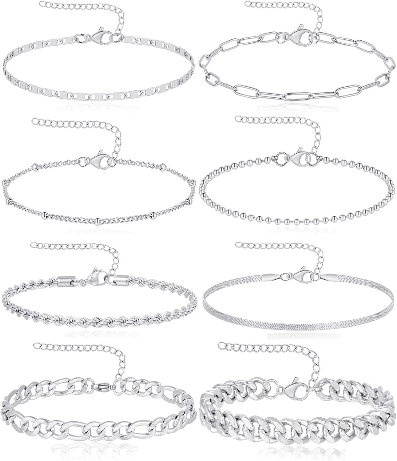 Tornito 8Pcs Ankle Bracelets for Women Stainless Steel Waterproof Layered Cuban Figaro Link Chain Rope Paperclip Herringbone Satellite Bead Anklets Set Summer Beach Jewelry Gold Silver Tone 8.5 Inch
