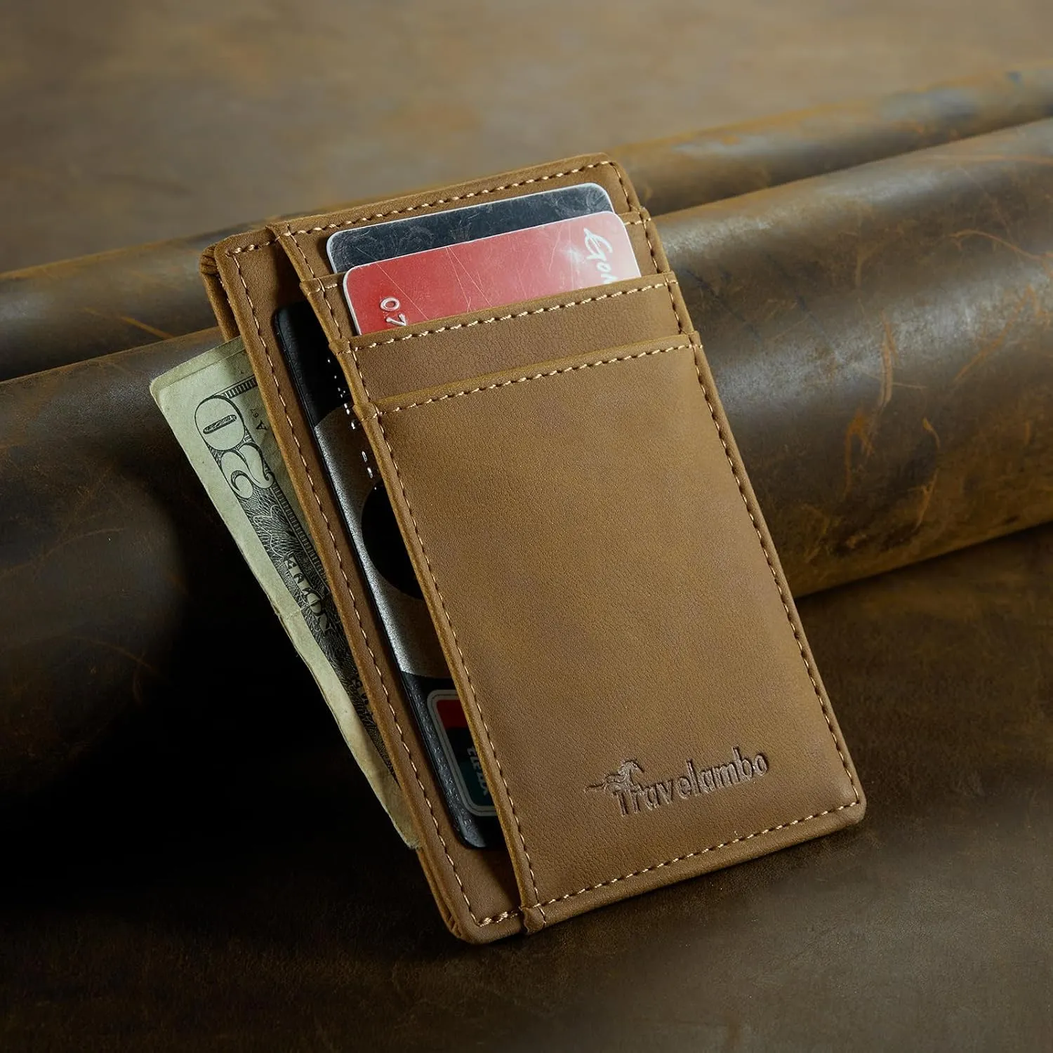 Travelambo Slim Wallet Front Pocket Minimalist Leather RFID Blocking Medium Size