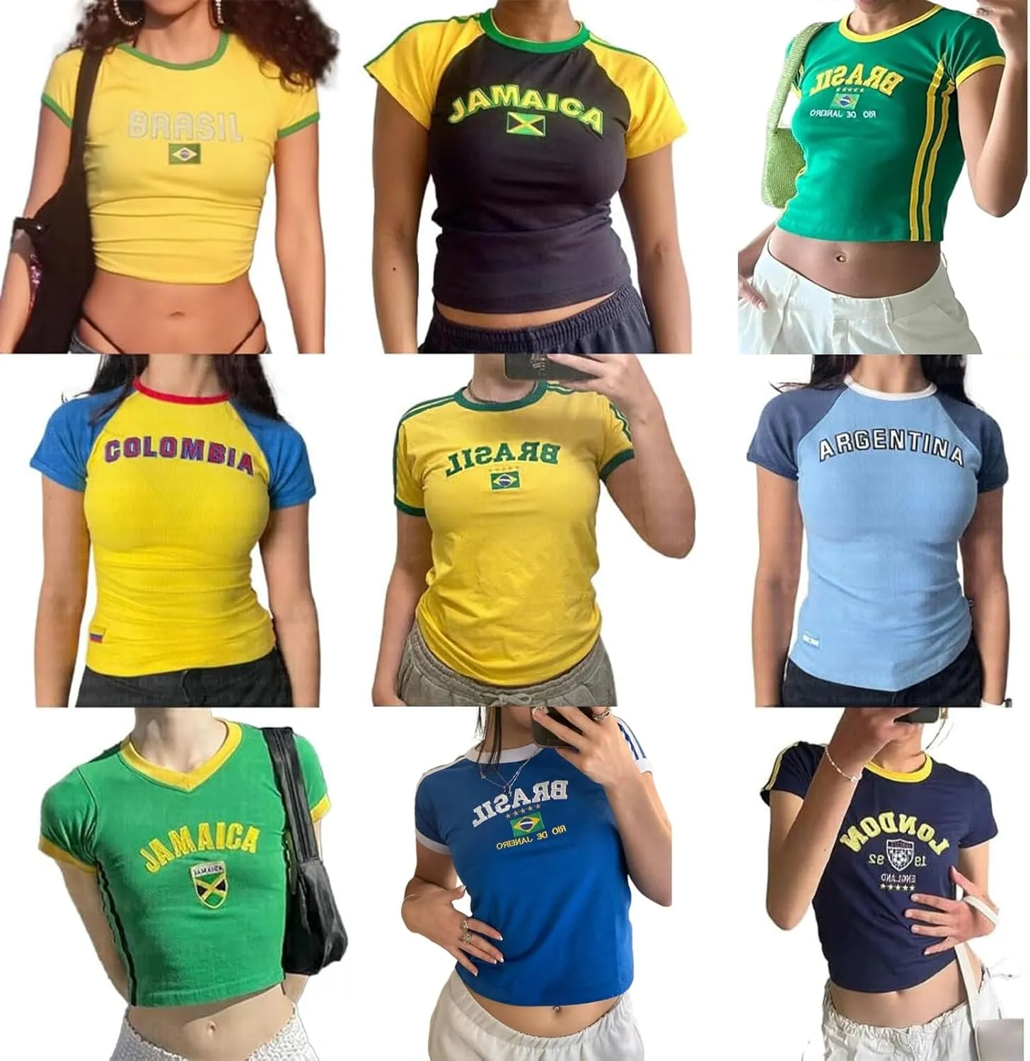 Vintage Graphic Baby Tees for Women Brazil Shirt Y2k Tops Mexico Crop Top Jersey 2000s Summer Going Out Tops