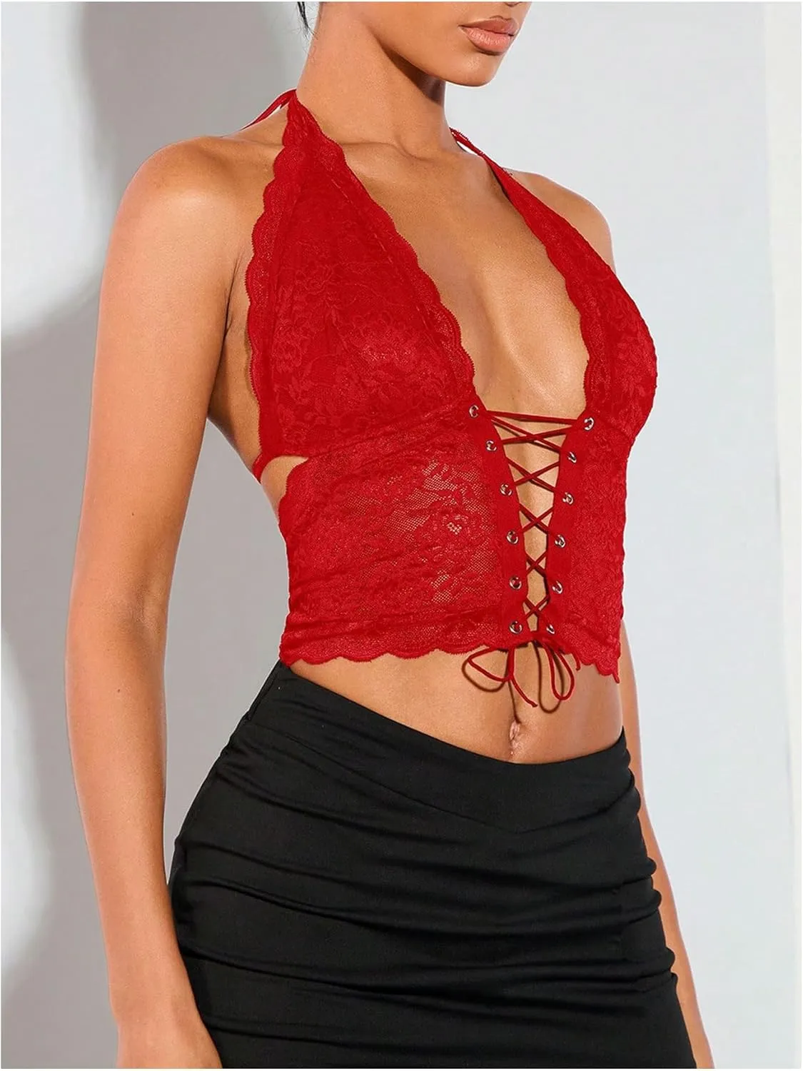 Women's Sexy Lace Corset Top Halter Neck Lace Up Front Crop Top Y2K Backless Tie Tank