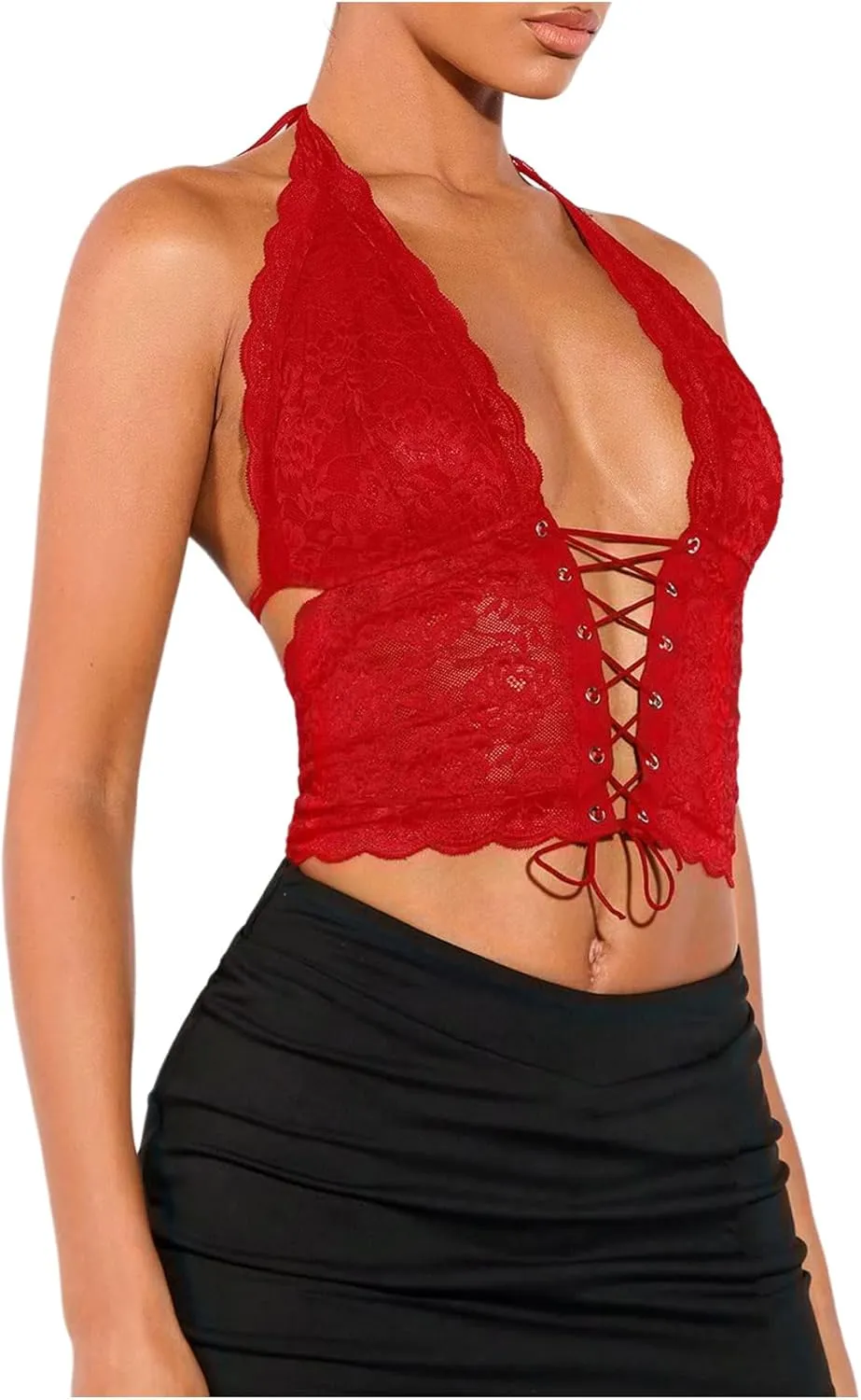 Women's Sexy Lace Corset Top Halter Neck Lace Up Front Crop Top Y2K Backless Tie Tank