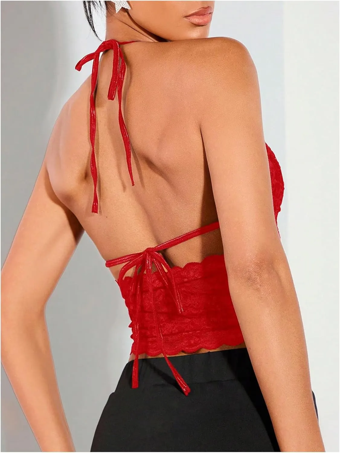 Women's Sexy Lace Corset Top Halter Neck Lace Up Front Crop Top Y2K Backless Tie Tank