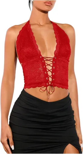 Women's Sexy Lace Corset Top Halter Neck Lace Up Front Crop Top Y2K Backless Tie Tank